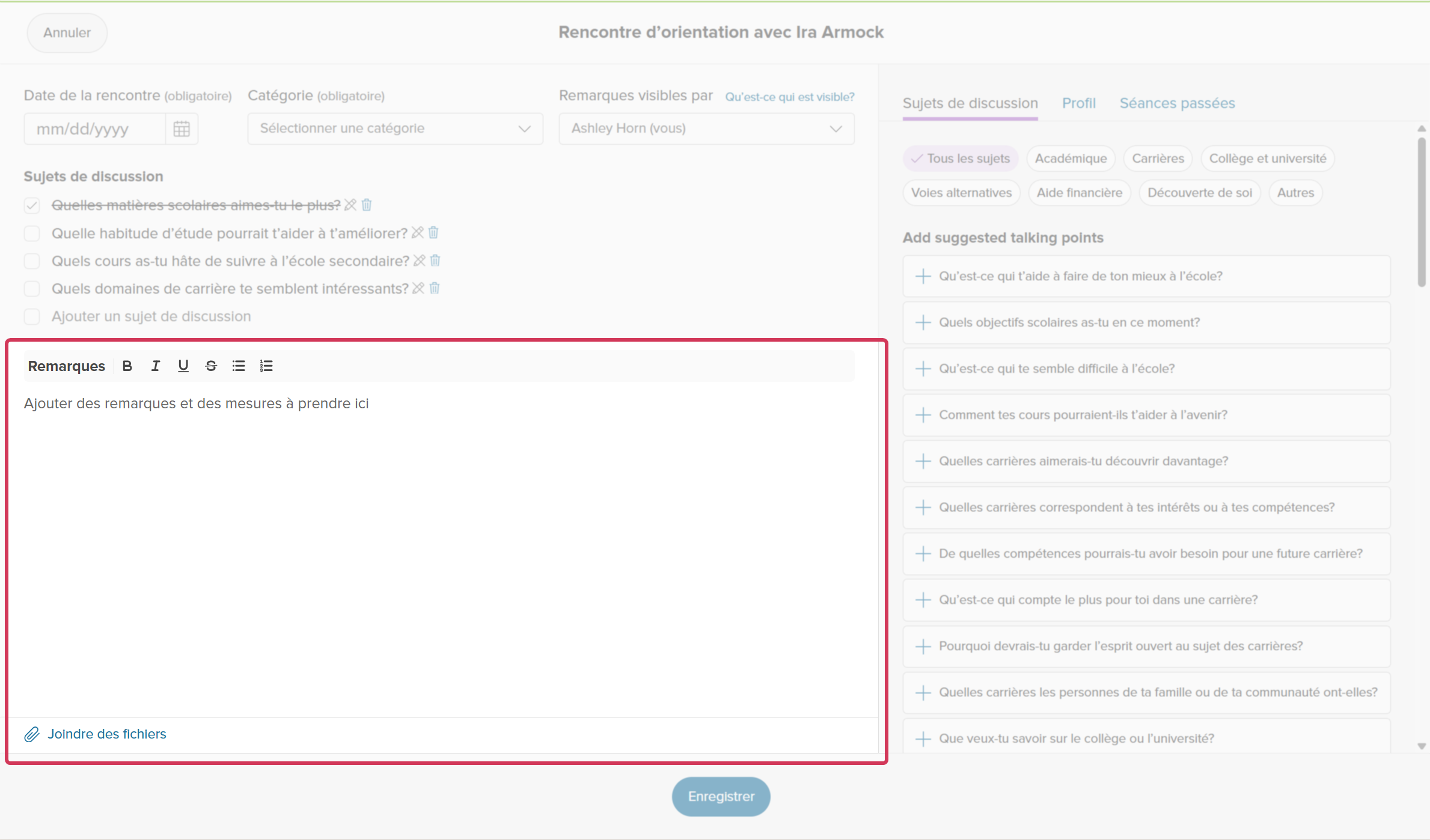 Une rencontre de conseils pour un élève est ouverte. La section Remarques est mise en évidence.